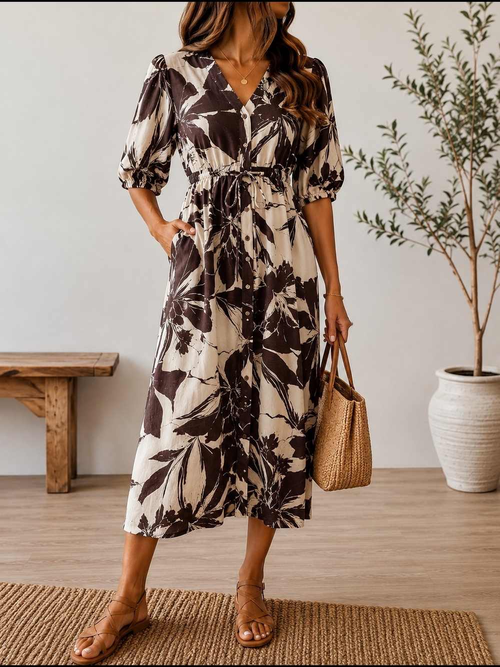 Rachel Zoe Brown and Cream Floral V-Neck Midi Dress NWOT